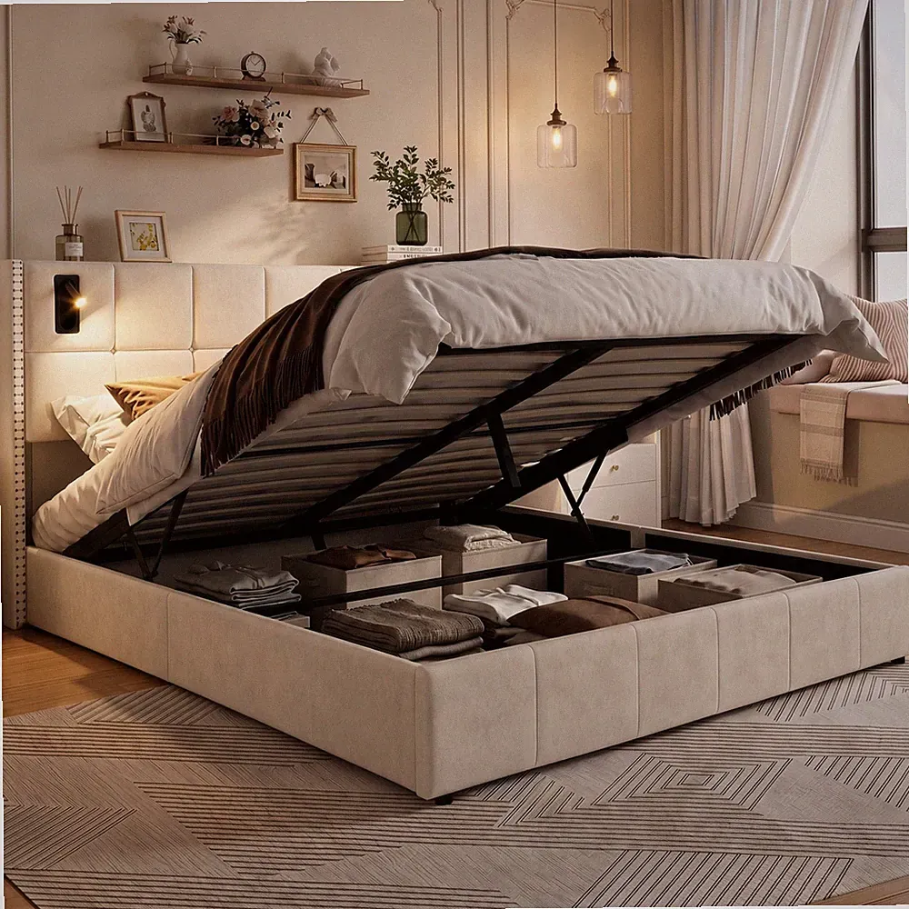 Boxspringbett 140x200 cm Polsterbett Bettgestell mit Lattenrost LED-Stauraumbett