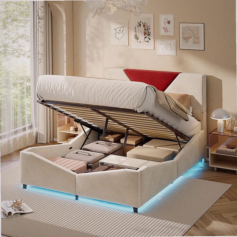 Boxspringbett 140x200 cm Polsterbett Doppelbett mit LED Stauraum Lattenrost Bett
