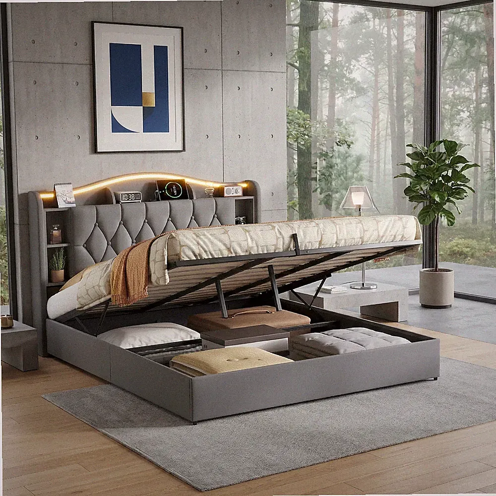 Boxspringbett 140x200 cm Polsterbett LED USB Doppelbett mit Lattenrost Stauraum