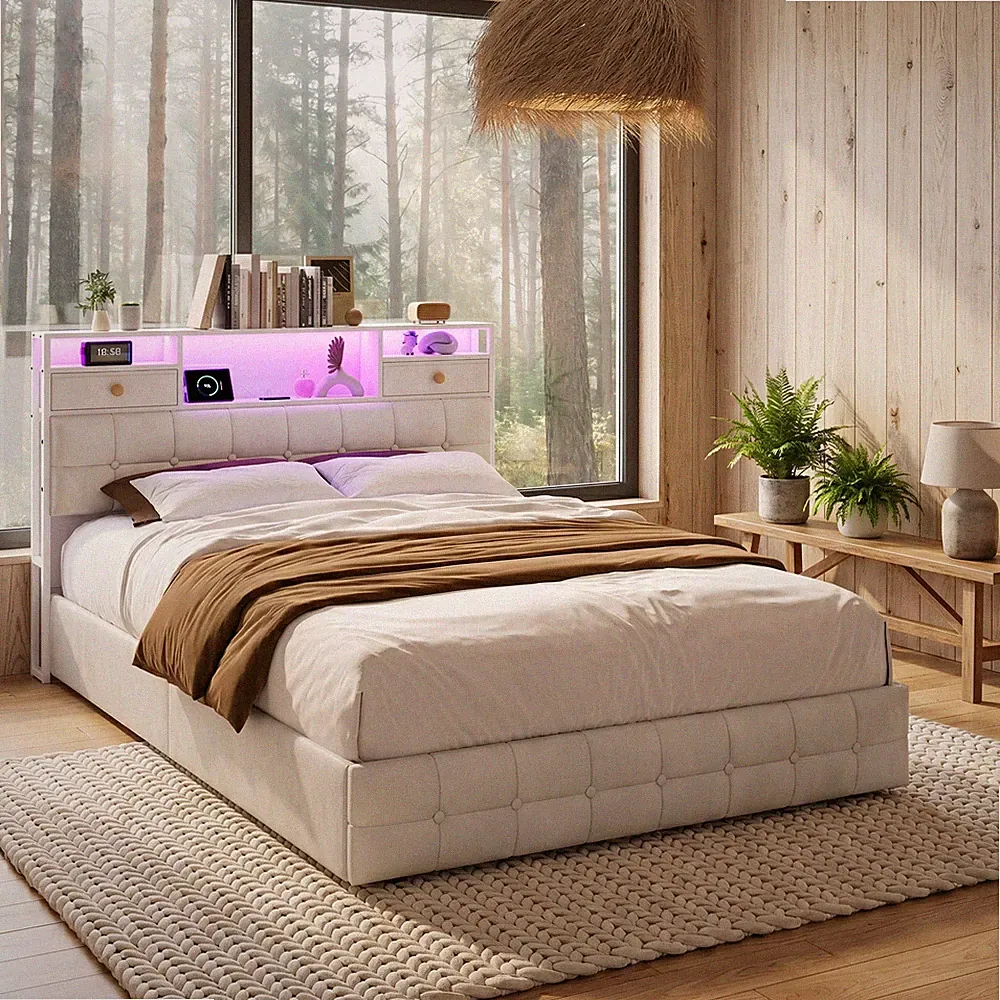 Boxspringbett 140x200 cm Polsterbett mit Lattenrost, LED USB Stauraum Doppelbett