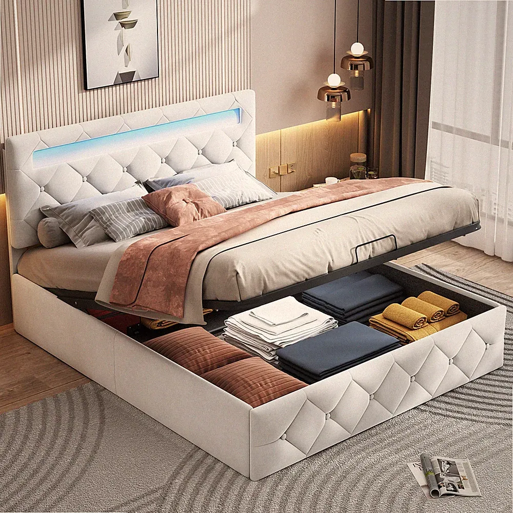 Boxspringbett 140x200 LED Bettgestell Stauraum Polsterbett Lattenrost Doppelbett