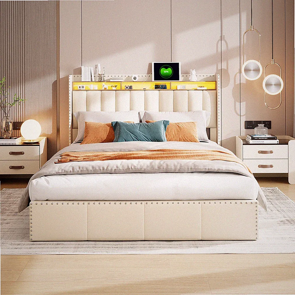 Boxspringbett 140x200cm Doppelbett mit Hydraulisch Stauraum Bettkasten LED&USB