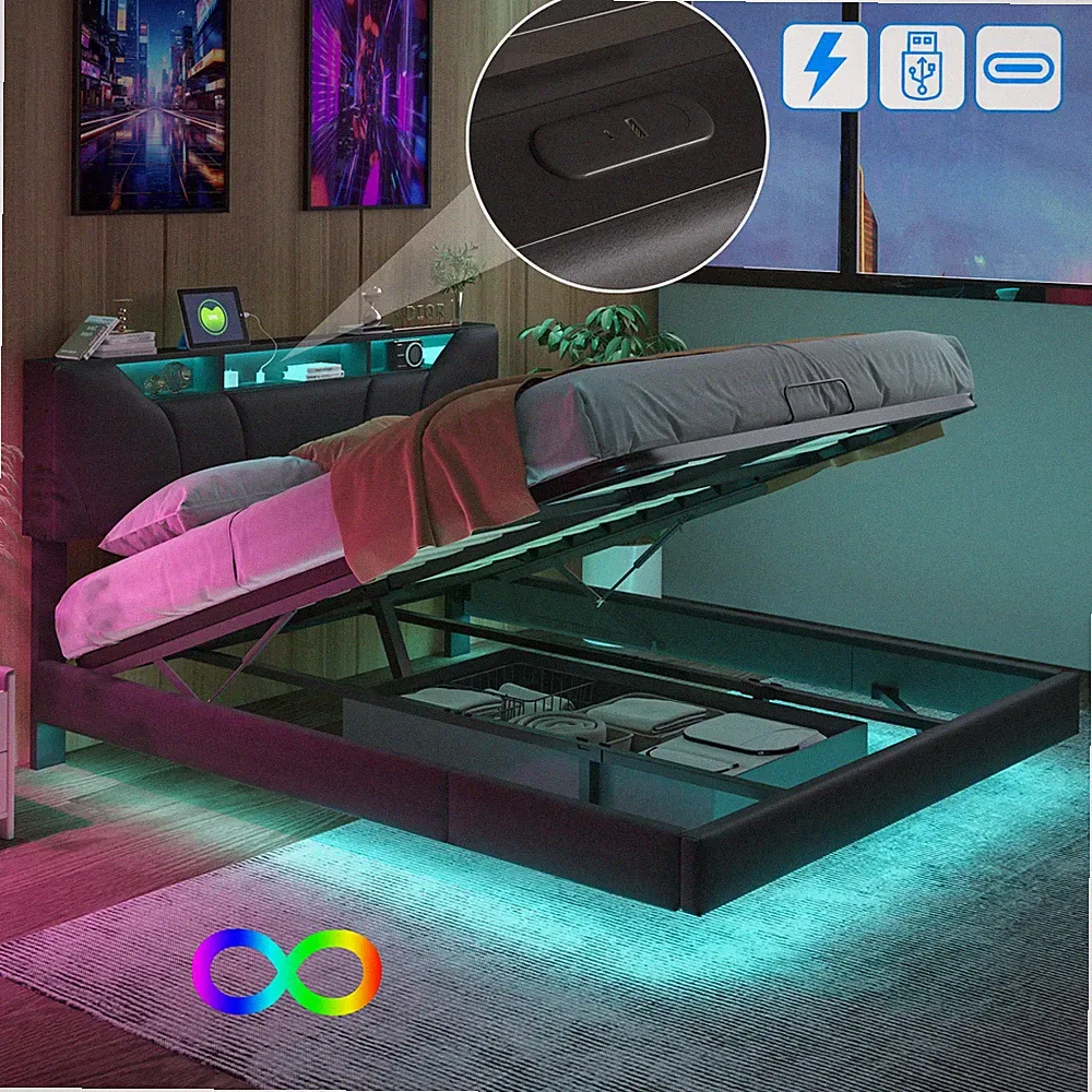 Boxspringbett 140x200cm mit LED Stauraum Lattenrost Polsterbett Doppelbett USB