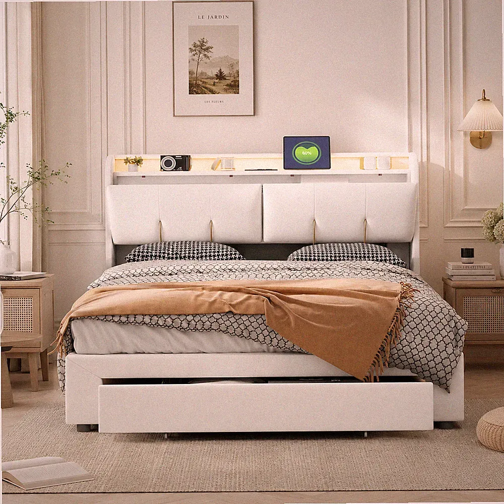 Boxspringbett 140x200cm Polsterbett Doppelbett mit Stauraum Lattenrost LED & USB