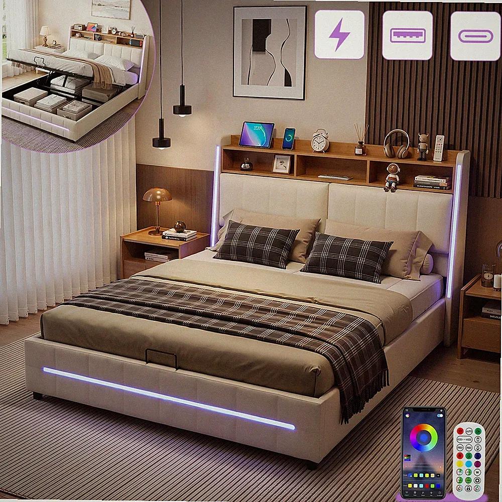 Boxspringbett 140x200cm Polsterbett Doppelbett Stauraum LED Bettrahmen mit Audio