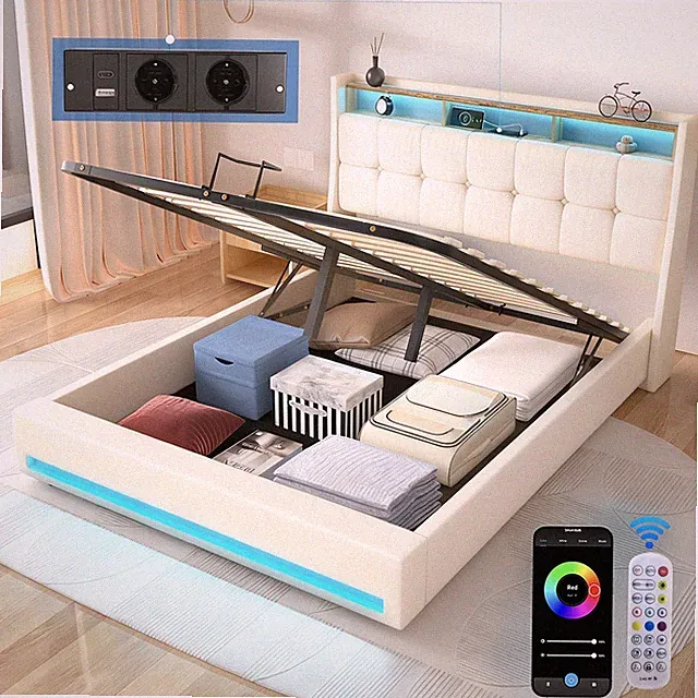 Boxspringbett 140x200cm Polsterbett mit Ladefunktion, LED-Beleuchtung Doppelbett