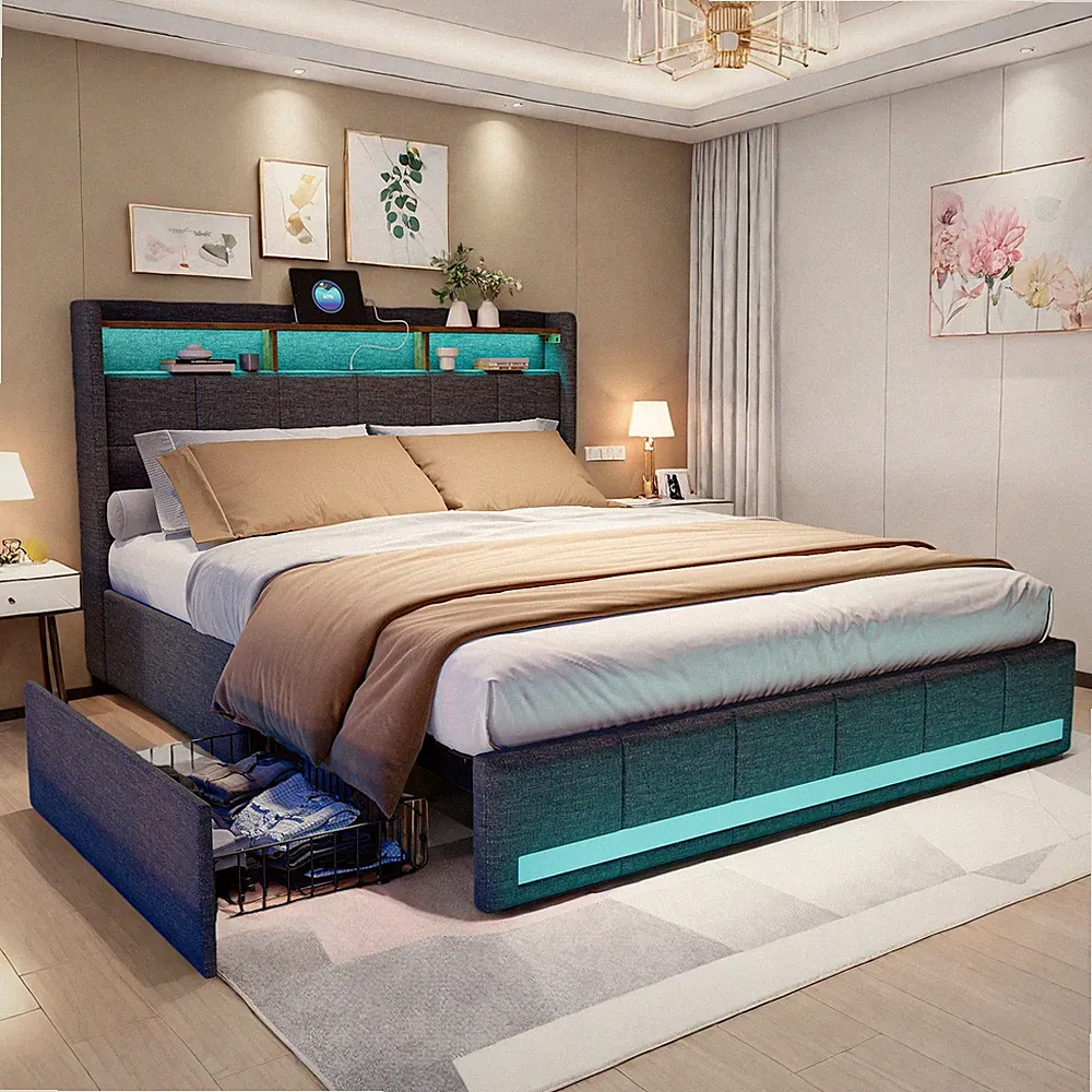 Boxspringbett:140x200cm Polsterbett mit Stauraum 4 Schubladen LED+USB Doppelbett