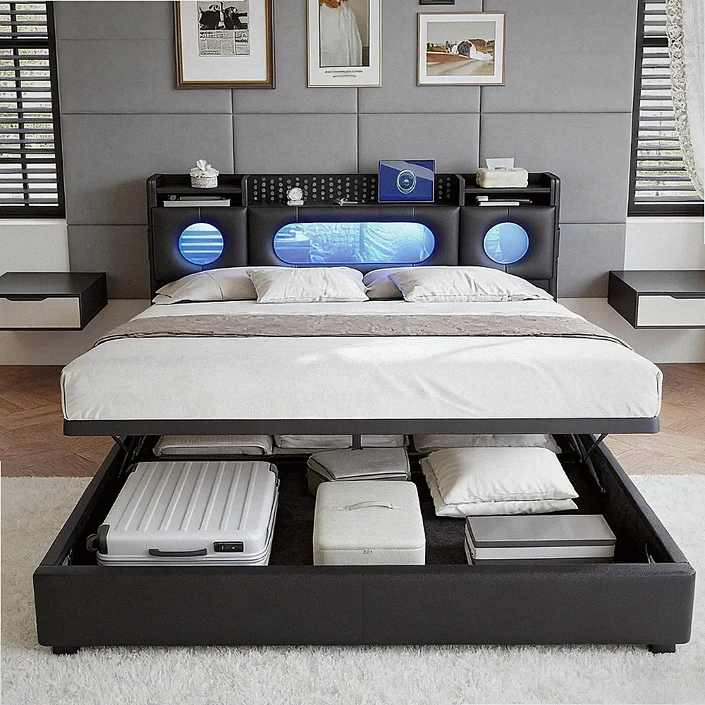 Boxspringbett 160/140x200 mit LED,USB Stauraum Lattenrost,Polsterbett Doppelbett