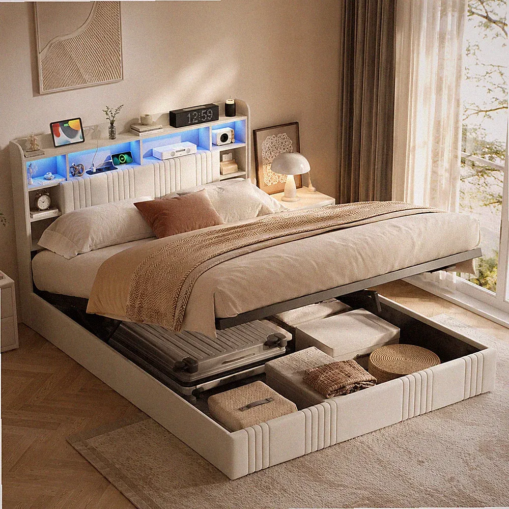 Boxspringbett 160x200 cm mit LED Bettgestell mit Lattenrost Stauraum Polsterbett
