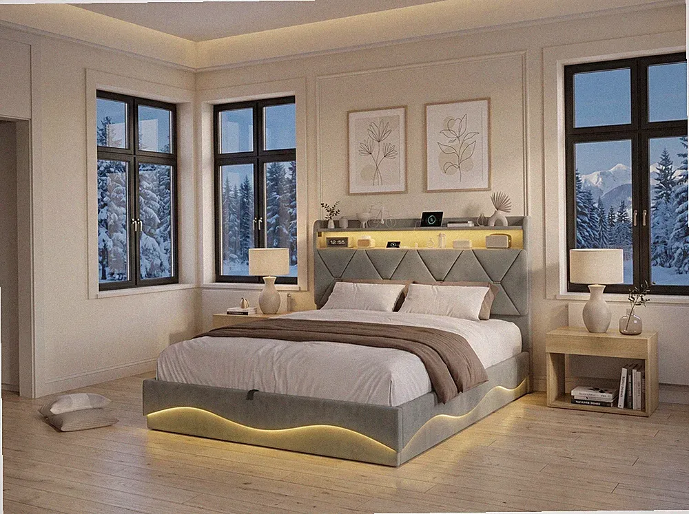 Boxspringbett 160x200 cm mit LED Lattenrost Stauraum Doppelbett USB Polsterbett