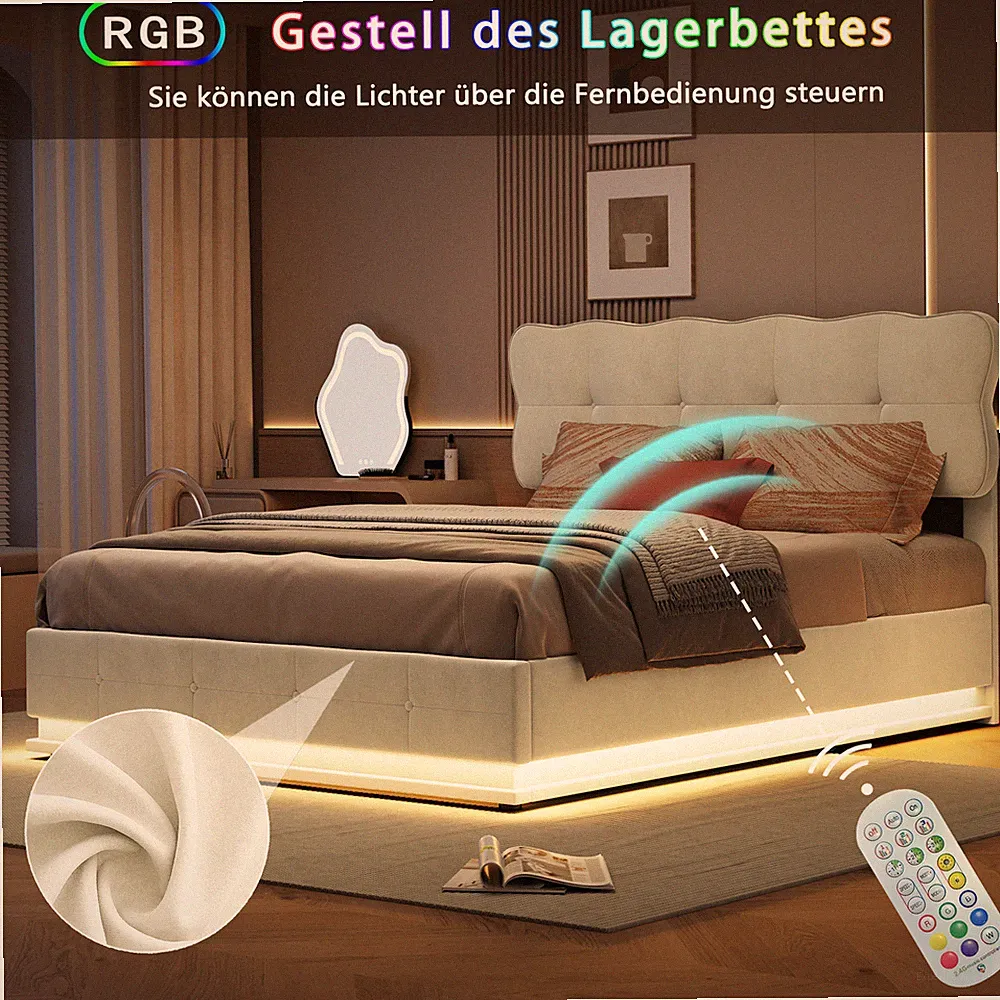 Boxspringbett 160x200 cm mit LED,Stauraum Lattenrost,Polsterbett Doppelbett Samt