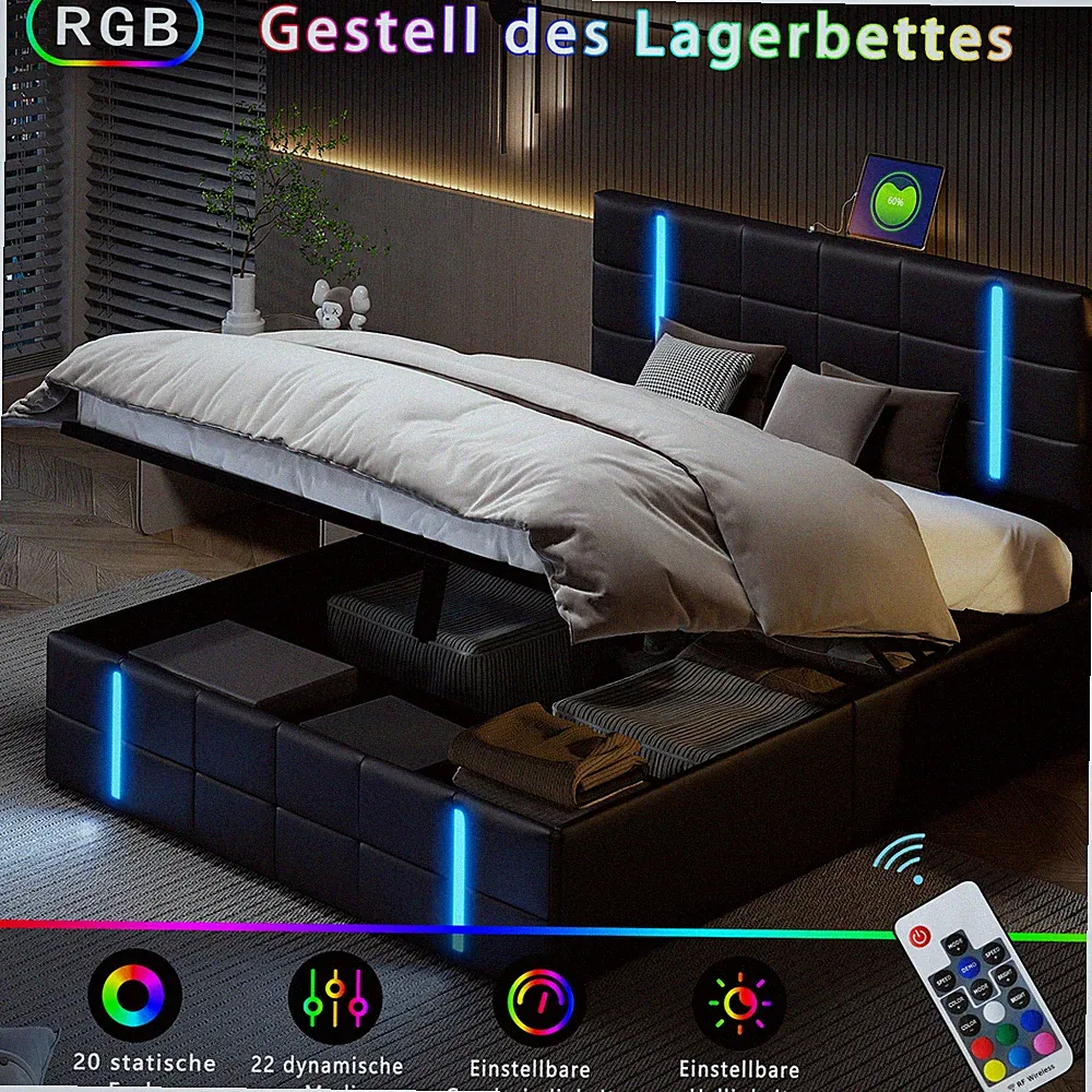 Boxspringbett 160x200 cm mit LED USB Stauraum Polsterbett Lattenrost Bettgestell