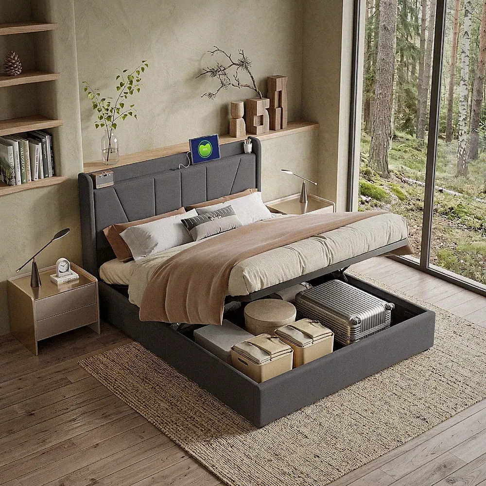 Boxspringbett 160x200 cm mit USB Stauraum Lattenrost Polsterbett Doppelbett Grau