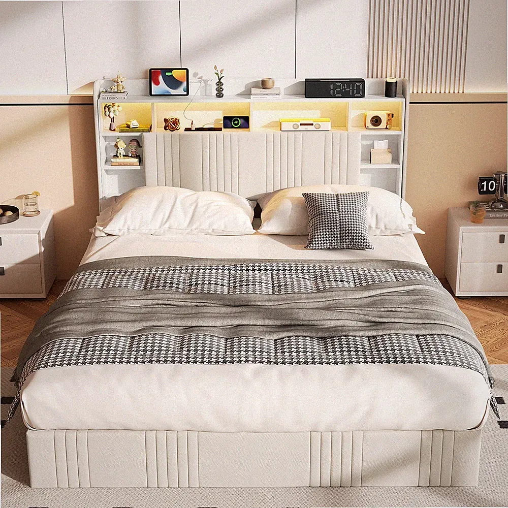 Boxspringbett 160x200 cm Polsterbett mit LED USB Lattenrost Doppel Stauraumbett