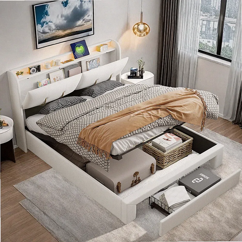Boxspringbett 160x200 cm Stauraum Polsterbett mit LED USB Schubladen Doppelbett