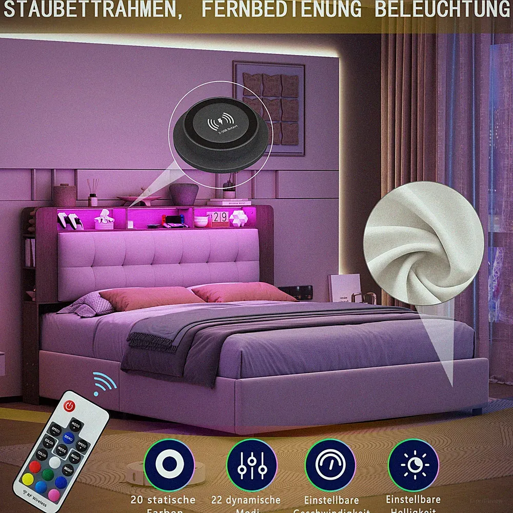 Boxspringbett 160x200 LED Polsterbett Bettgestell Stauraum Lattenrost Doppelbett