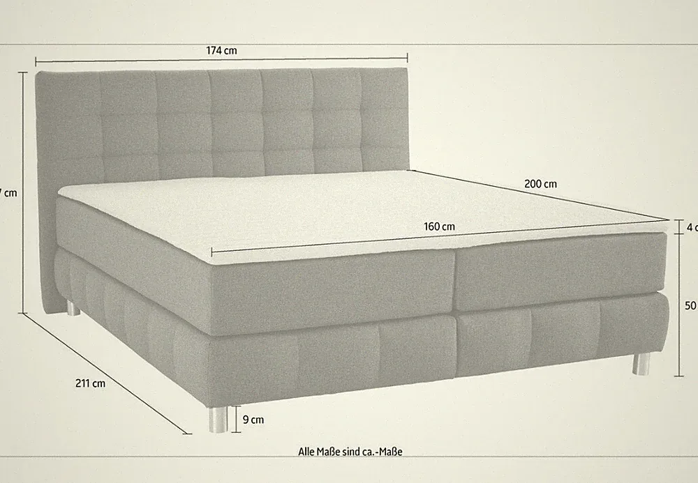 Boxspringbett 160x200 mit topper, Bonnell-Federkernmatratze / H2 / grau