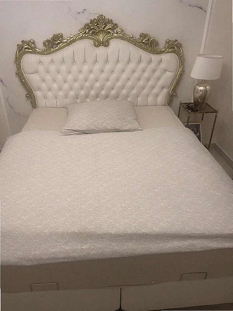 Boxspringbett 160x200 Weiß/Gold, Stauraum, gepolstertes Kopfteil, Barock