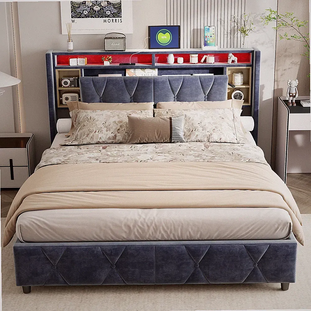Boxspringbett 160x200CM Doppelbett mit LED Beleuchtung Polsterbett Hydraulischem