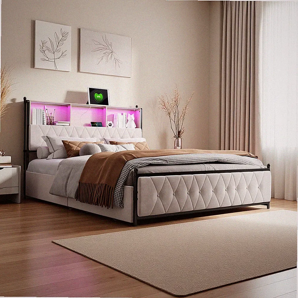 Boxspringbett 180x200cm mit LED Stauraum Lattenrost Polsterbett Doppelbett Samt