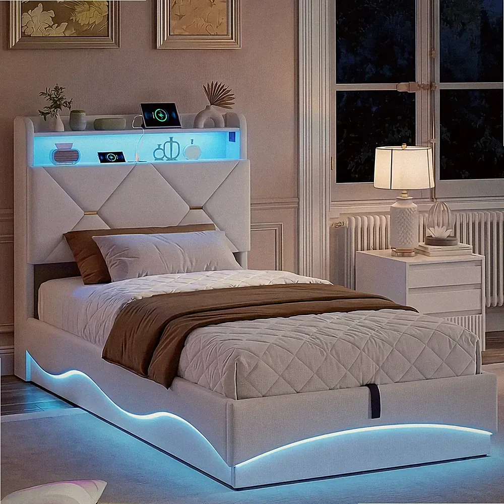 Boxspringbett 90x200 cm mit LED Lattenrost Stauraum Kinderbett USB Polsterbett