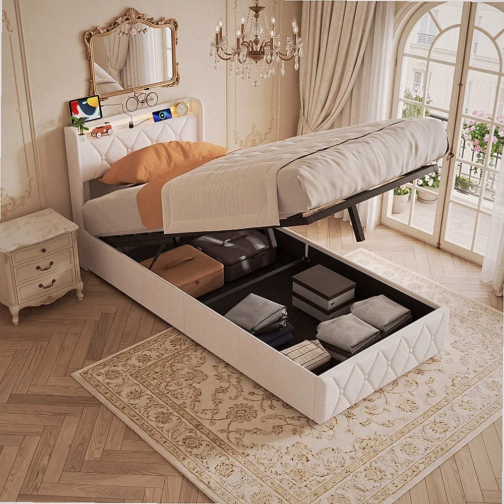 Boxspringbett 90x200 cm Polsterbett Lattenrost Stauraum Kinderbett mit LED USB
