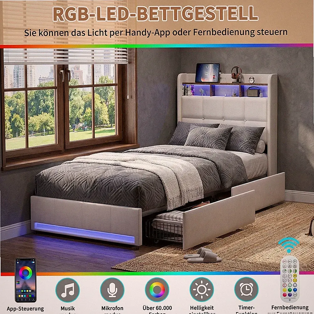 Boxspringbett 90x200 Einzelbett mit 2 Schubladen Polsterbett Bettgestell USB/LED