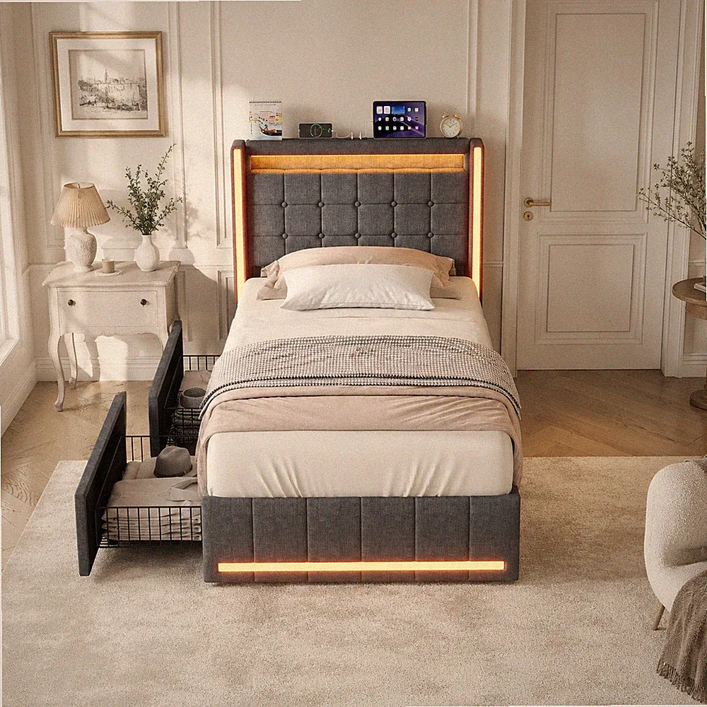 Boxspringbett 90x200 Jugendbett mit LED,USB Stauraum Bettgestell mit Lattenrost