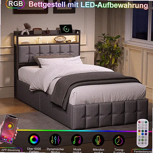 Boxspringbett 90x200 mit LED USB-Polsterbett-Stauraum Bettgestell mit Lattenrost
