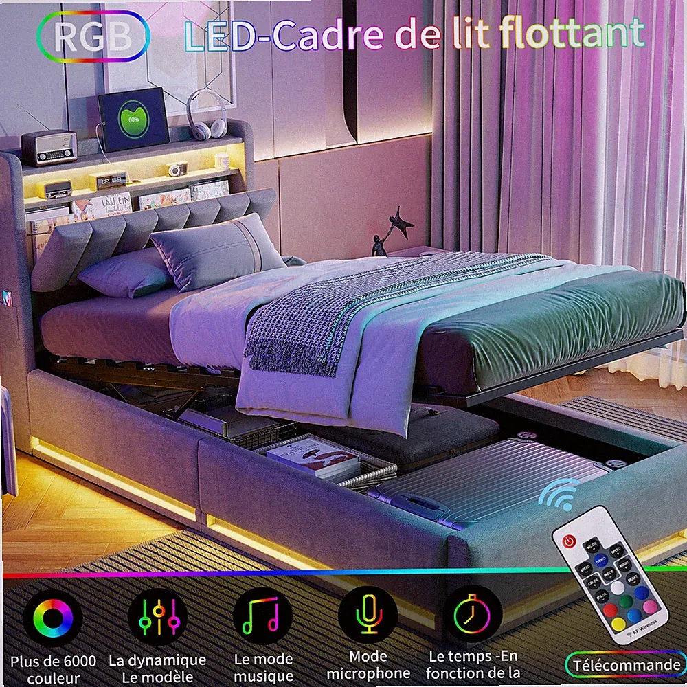 Boxspringbett 90x200 mit LED USB,Stauraum Bettgestell Polsterbett mit Lattenrost