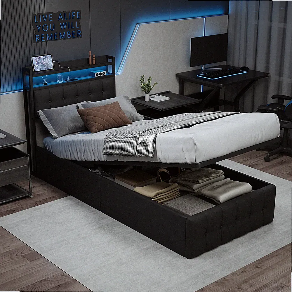 Boxspringbett 90x200 USB-Polsterbett Bettgestell Stauraumbett mit LED Lattenrost