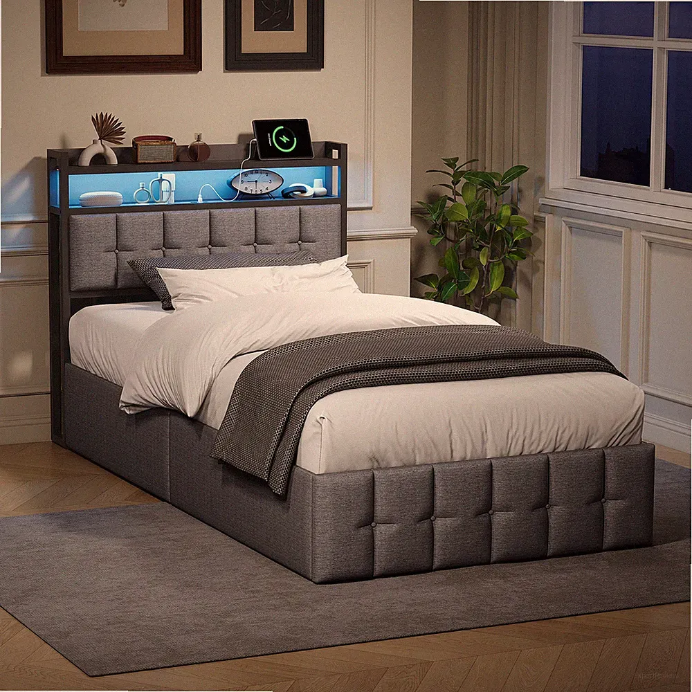 Boxspringbett 90x200cm Polsterbett Bettgestell mit Lattenrost LED-Licht Stauraum