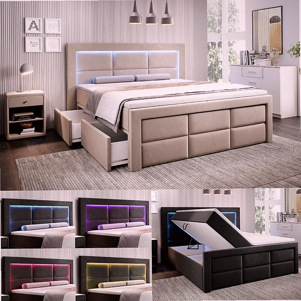 Boxspringbett Aspen Lux mit 16-Farben LED im Kopfteil, 2 Bettkästen und Fußteil