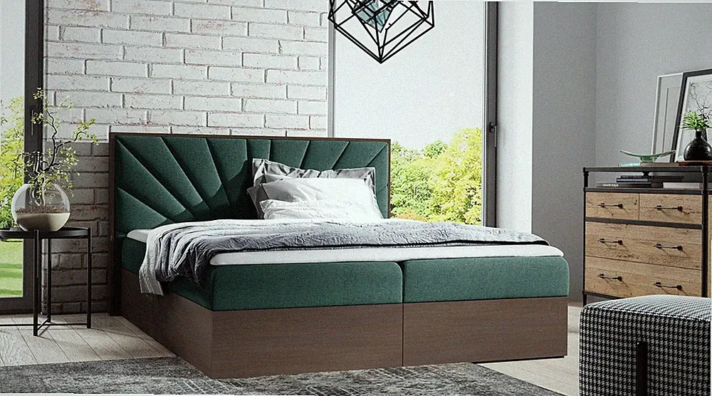 Boxspringbett Bett DAIMON 160x200cm Dunkel Eiche Stoff Grün inkl. Bettkasten