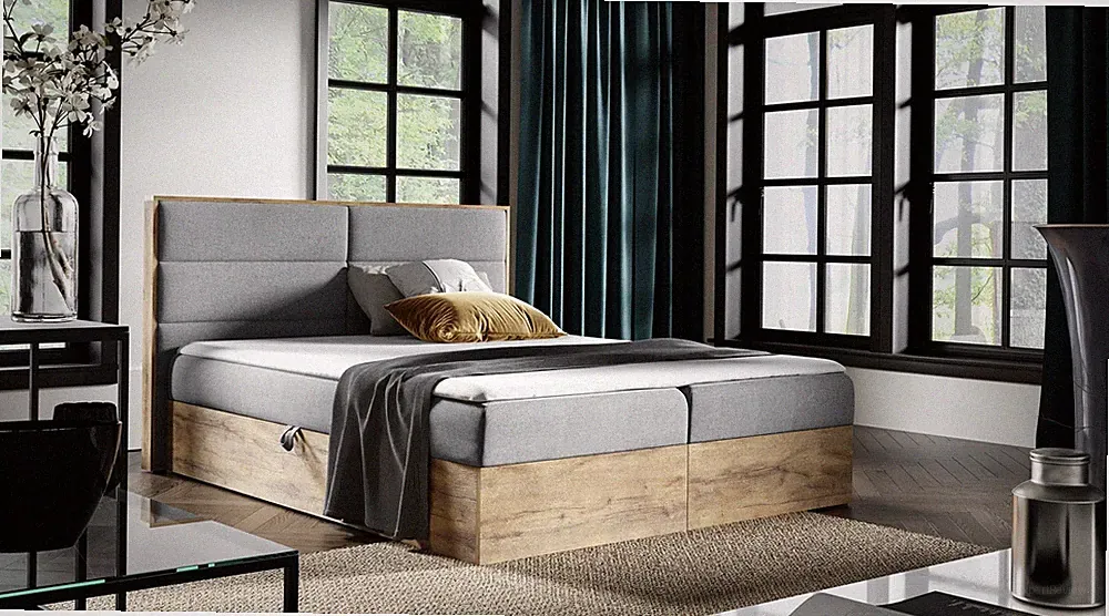 Boxspringbett Bett LAMBROS 160x200cm Lancelot Eiche Stoff Grau inkl. Bettkasten