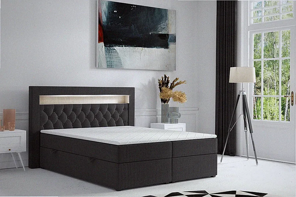 Boxspringbett DENVER mit LED und Bettkasten 180 x 200 cm Webstoff Schwarz Bett
