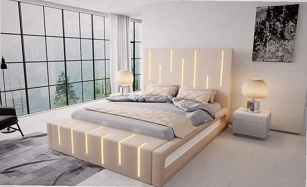 Boxspringbett Design Bett Ehebett LED Hotel Luxus Lederbett MILONA Komplettbett