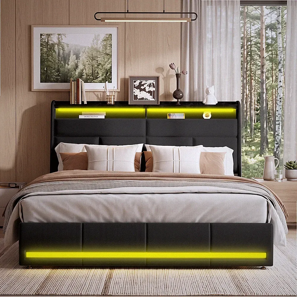 Boxspringbett Doppelbett 140 x 200 cm Polsterbett mit LED Hydraulisch Bettkasten