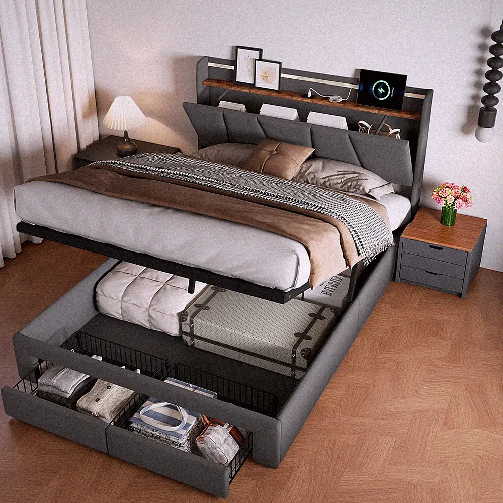 Boxspringbett Doppelbett 140x200 cm mit Stauraum Bettkasten Schubladen LED&USB