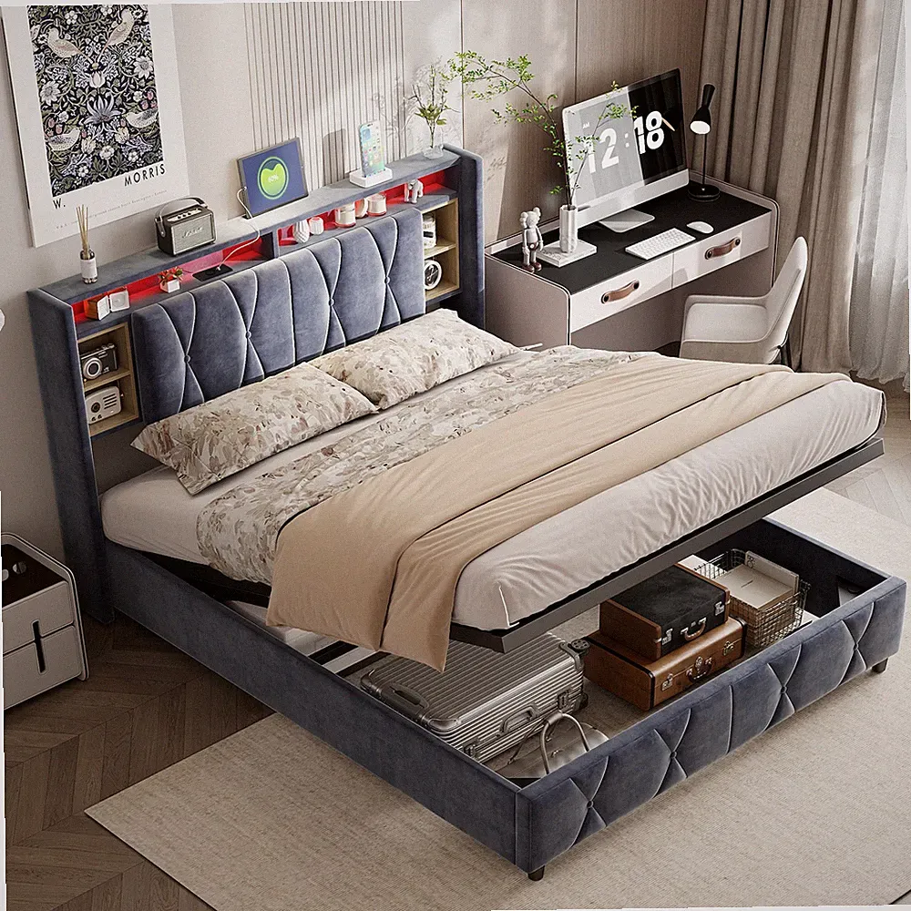 Boxspringbett Doppelbett 160x200CM mit LED Beleuchtung Polsterbett Hydraulischem