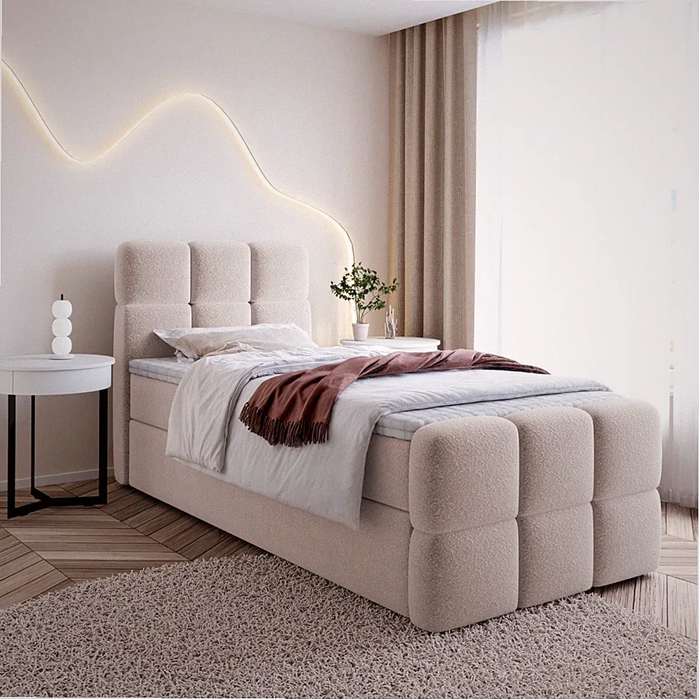 Boxspringbett Einzelbett SELI MINI mit Bettkasten, Bonell-Federung, Boucléstoff