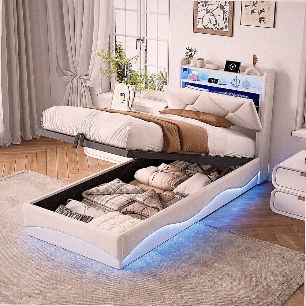 Boxspringbett Kinderbett 90x200 mit LED Lattenrost Stauraum Polsterbett mit USB