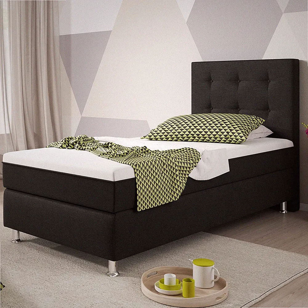 Boxspringbett Köln Plus 90x200 cm Webstoff Schwarz mit Topper-Optik