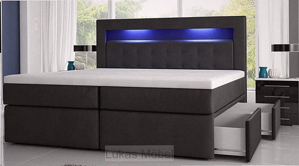 Boxspringbett Milano mit LED Bettkasten Farbe, Größe und Bettkastenart wählbar