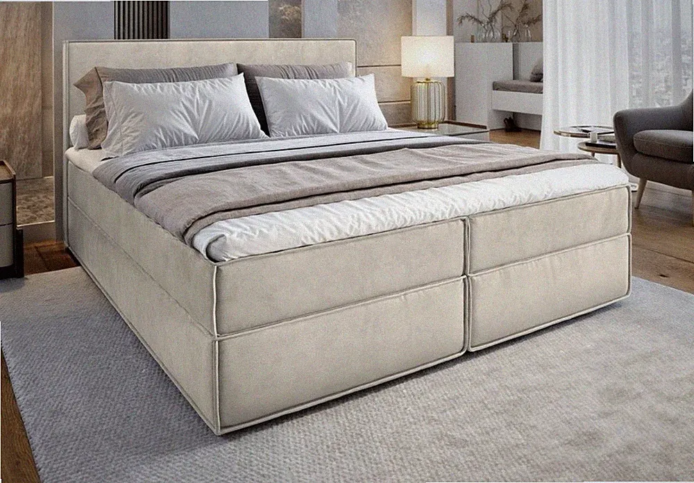 Boxspringbett mit Bettkasten, 160x200 cm, Beige, Kunstleder, Modern