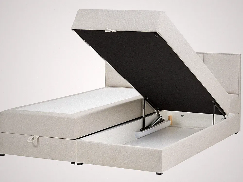 Boxspringbett mit Bettkasten hochklappbar Stoff cremeweiß 180x200 cm Baronet