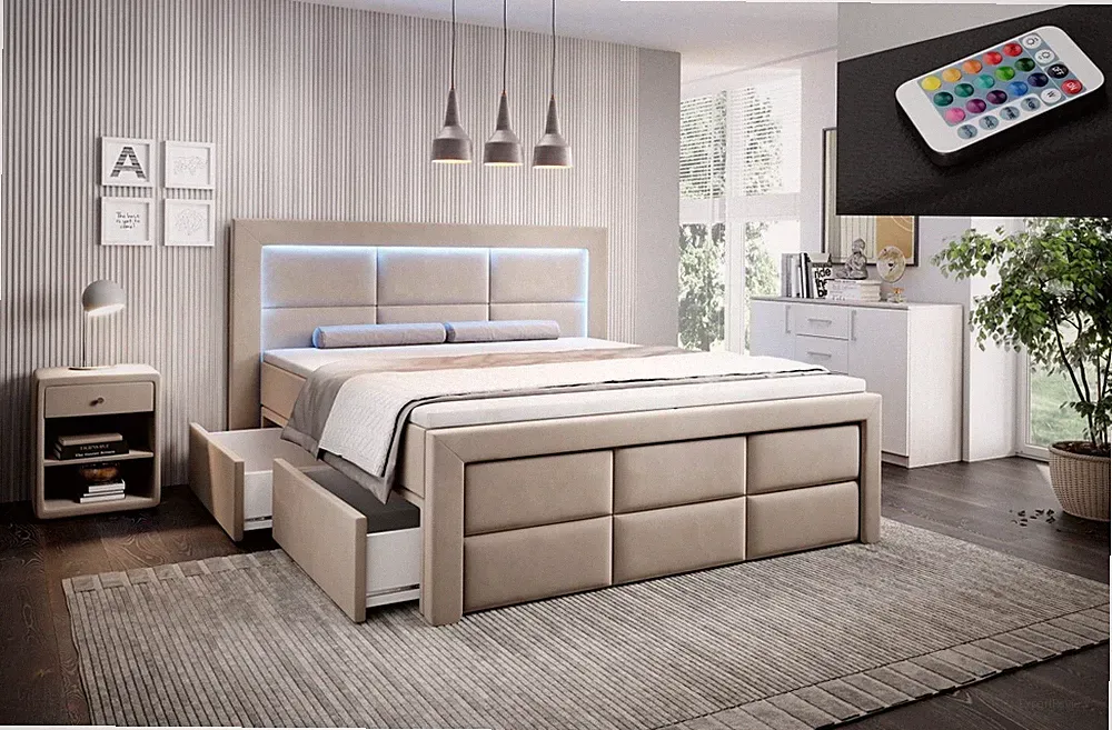 Boxspringbett mit Bettkasten und LED Bett Aston Doppelbett 160 cm o. 180 cm