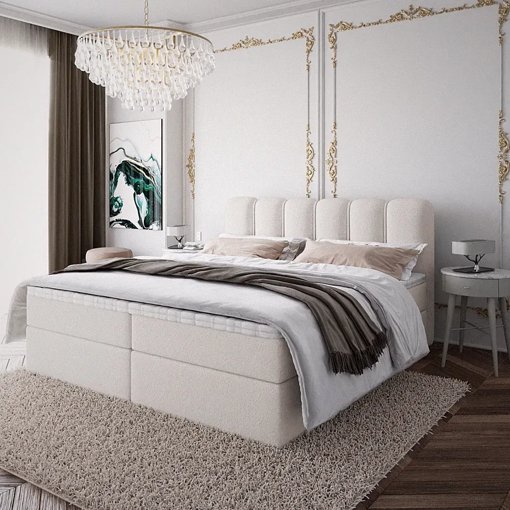 Boxspringbett NANDO Doppelbett mit Bettkasten Bonell Matratze Boucle Stoff