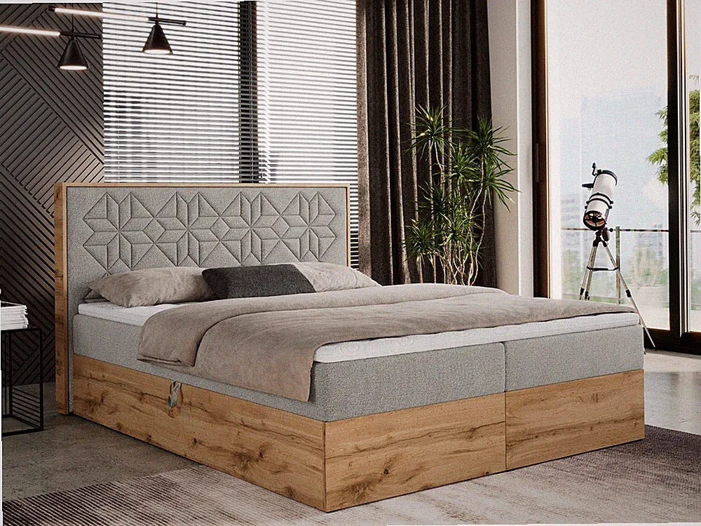 Boxspringbett NESSI mit dekorativem Kopfteil und Bettkästen, Massivholzbett