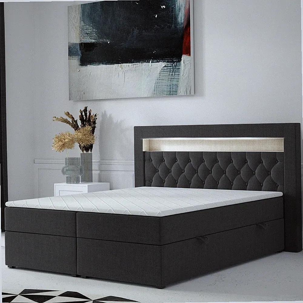 Boxspringbett Paris mit LED und Bettkasten Topper 160 x 200 cm Webstoff Schwarz